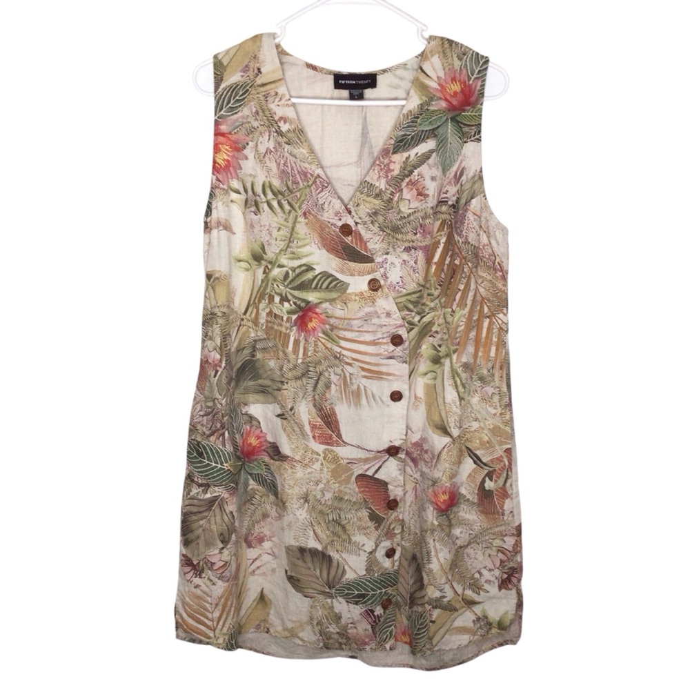 Fifteen Twenty 100% Linen Tropical Floral Sleeveless Dress Women's